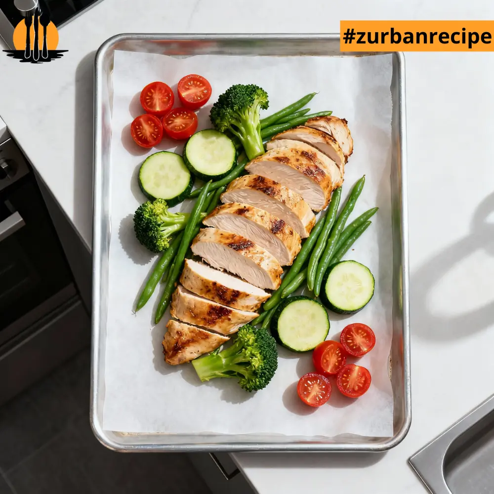 Sliced baked chicken breast served with broccoli, green beans, cucumber and cherry tomatoes on a sheet pan.
