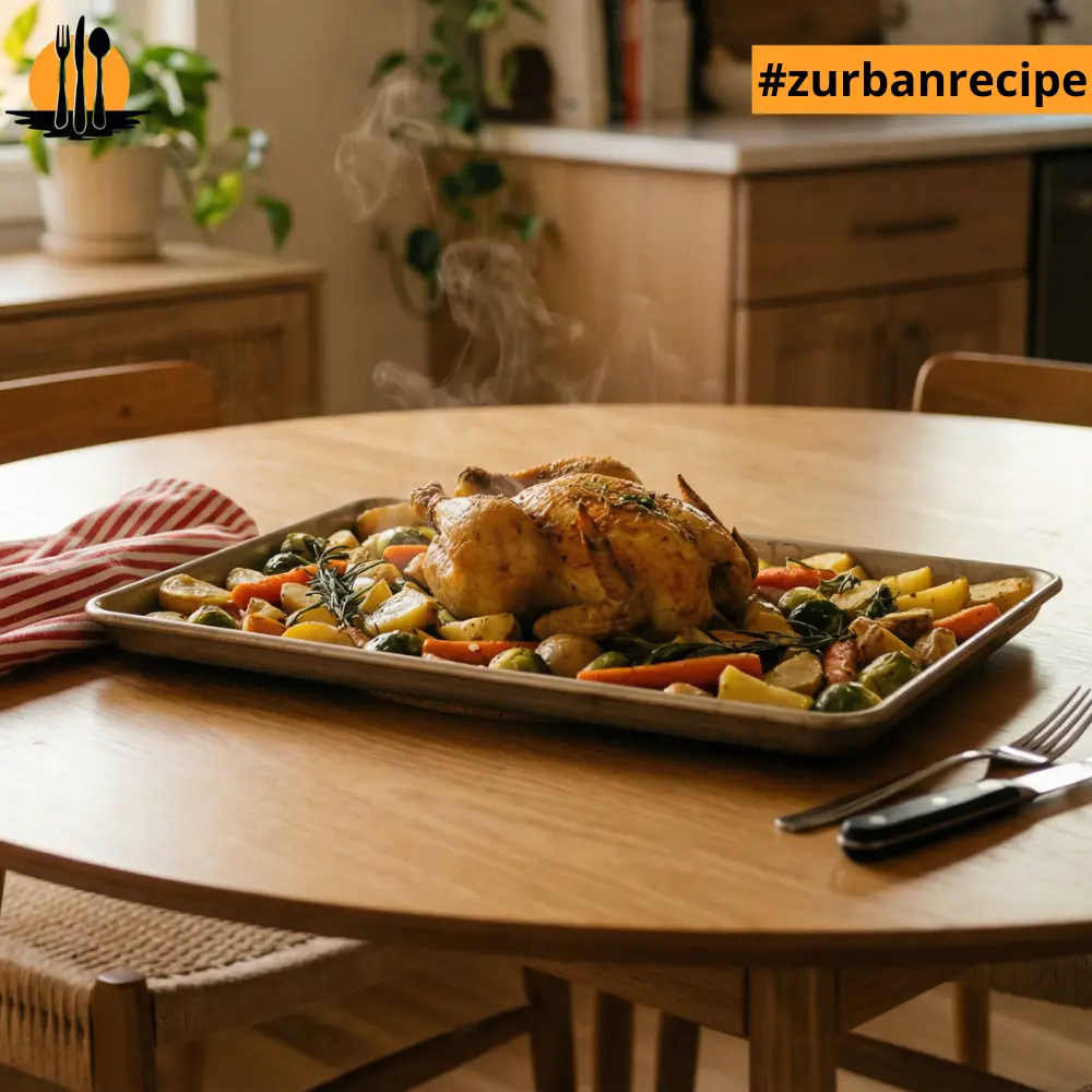A roasted chicken with vegetables on a sheet pan in a cozy kitchen, illustrating the warm atmosphere of Sheet Pan Dinners.
