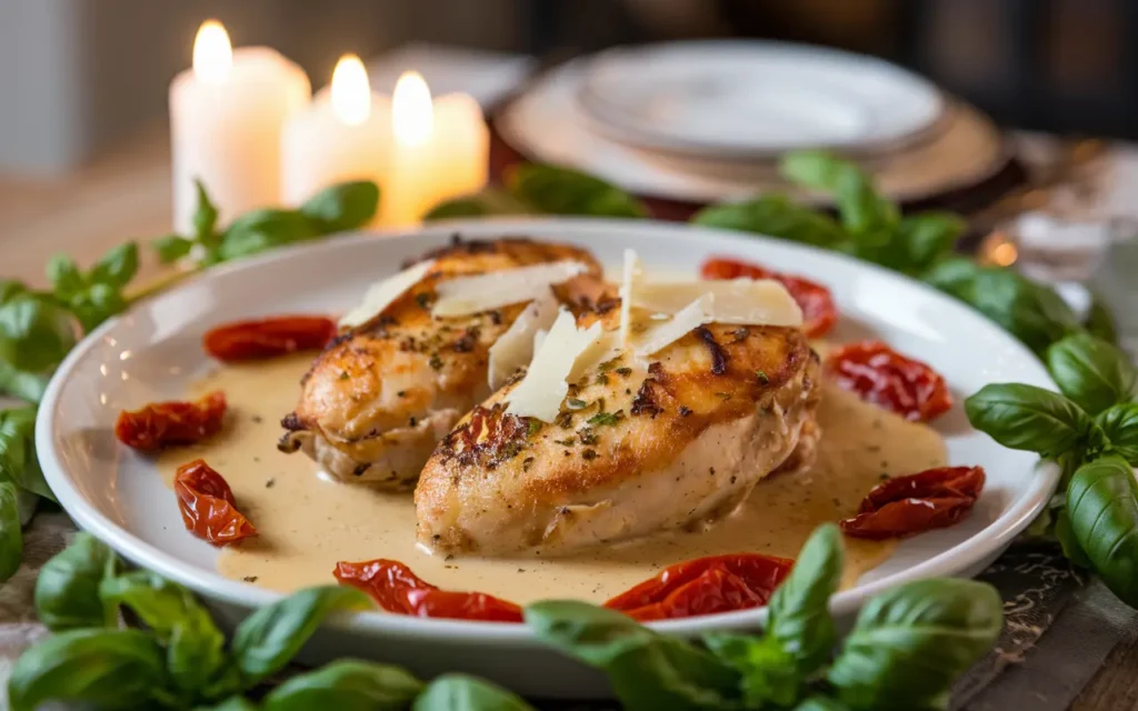 Marry Me Chicken served on a plate with creamy sauce and basil.