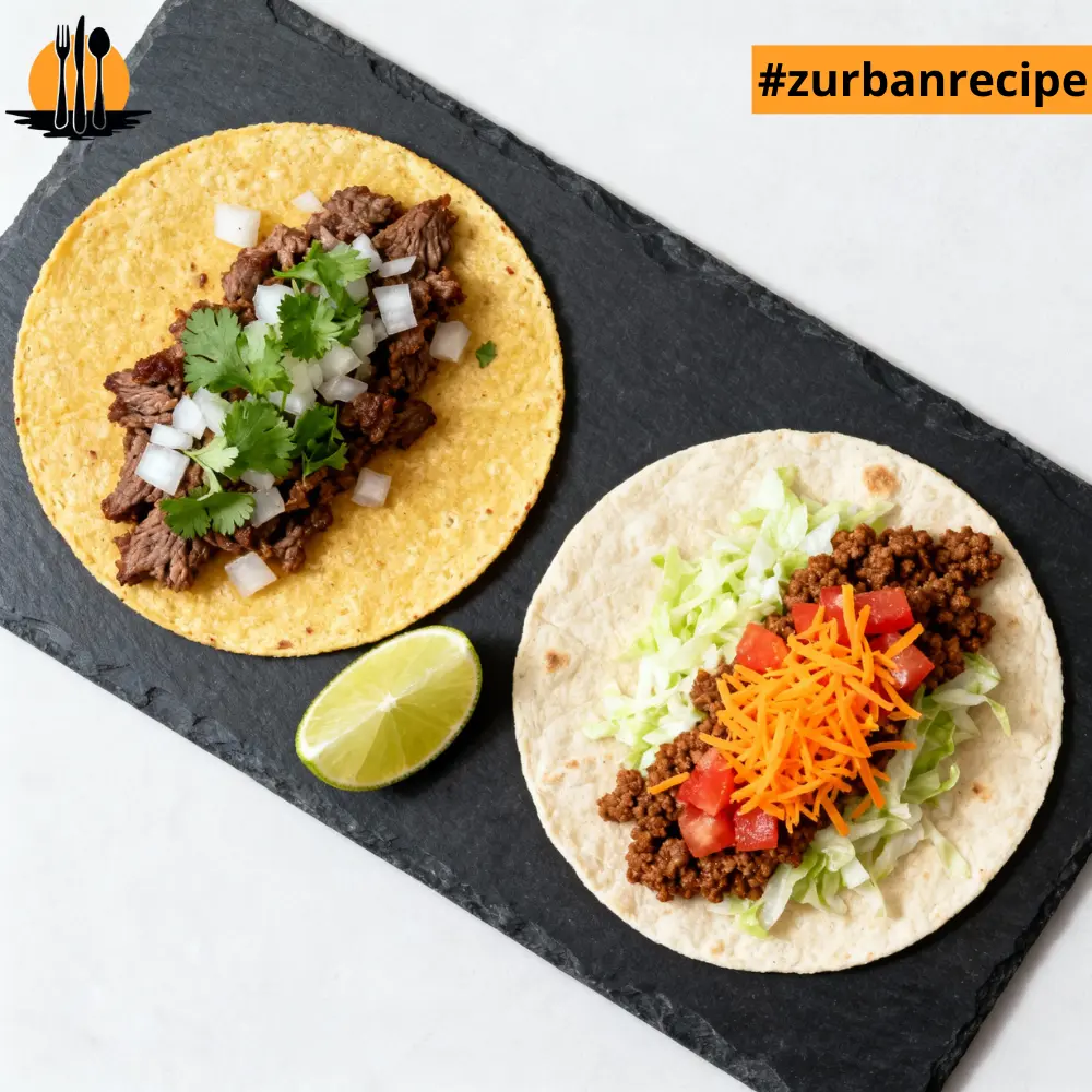 Two tacos side by side, one Mexican-style with steak and onions and one American-style with ground beef and toppings, shown for the Taco Recipes guide.