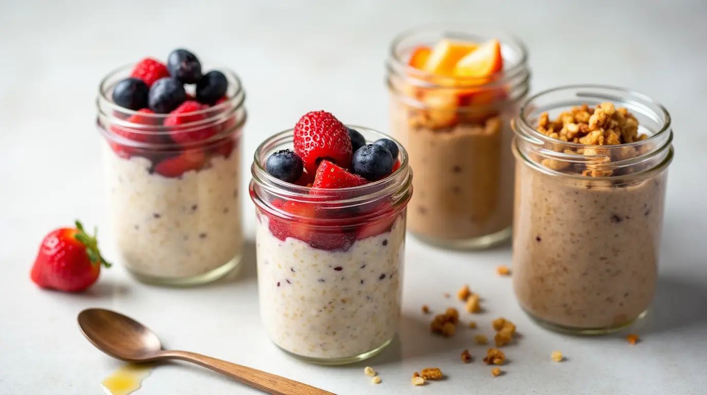 Overnight oats topped with fresh berries and honey in a glass jar.