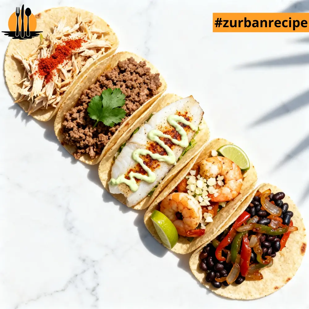 Five tacos with chicken, beef, fish, shrimp, and black beans arranged as part of the Taco Recipes guide.