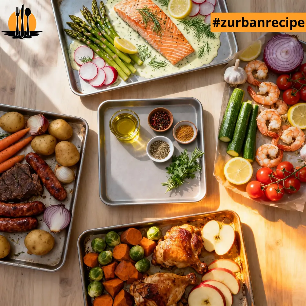 Assorted sheet pans filled with salmon, shrimp, sausages, chicken, potatoes and colorful vegetables, showing different seasonal ideas for easy Sheet Pan Dinners.