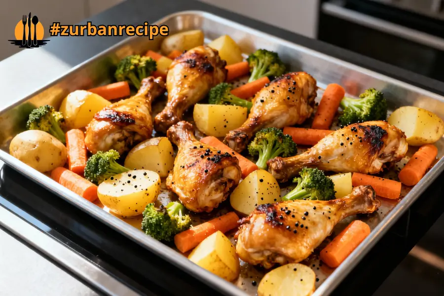 Sheet Pan Dinners featuring roasted chicken drumsticks with carrots broccoli and potatoes on a baking tray for an easy family meal