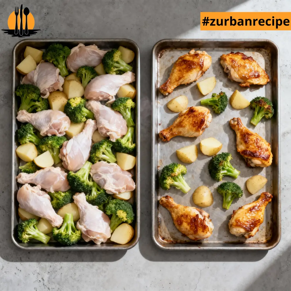 Two sheet pans showing overcrowded ingredients on the left and proper spacing on the right to illustrate a common mistake in Sheet Pan Dinners.