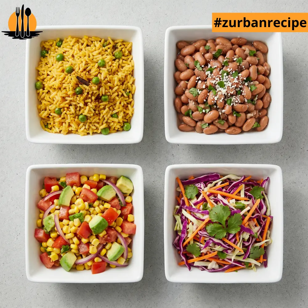 Four taco side dishes including Mexican rice, seasoned beans, corn salad, and cabbage slaw prepared for the Taco Recipes guide.