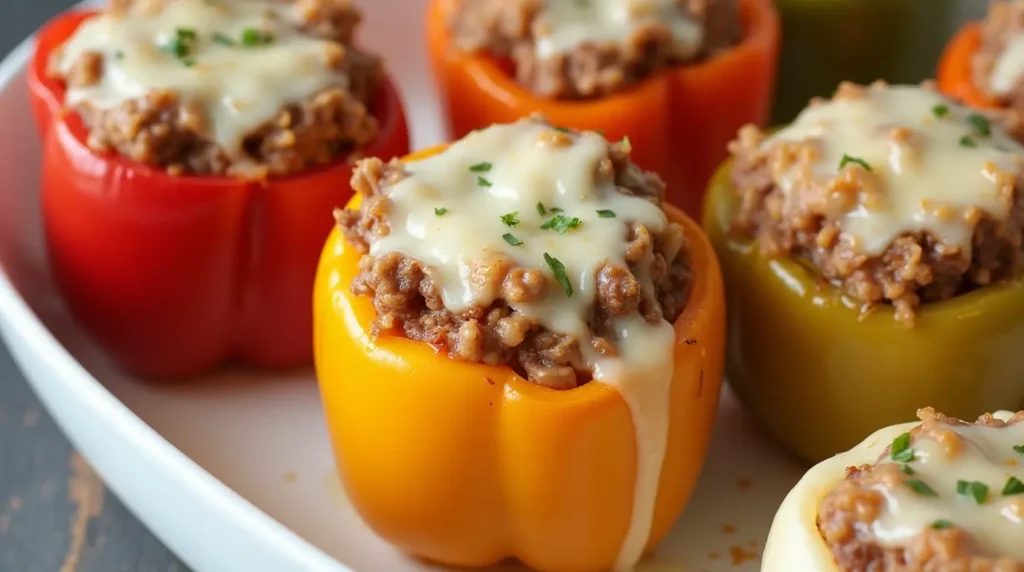 Colorful Stuffed Bell Peppers filled with beef, rice, and cheese on a rustic table.