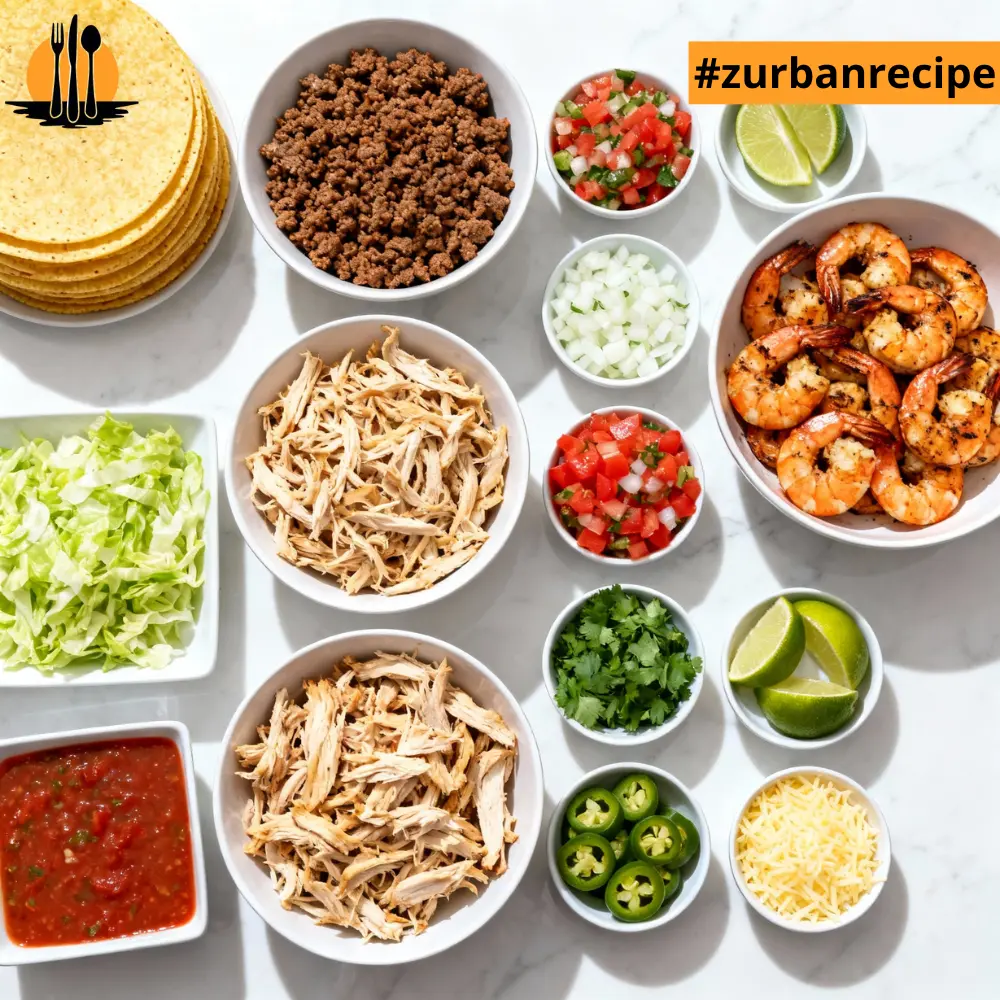 A full taco bar setup with ground beef, shredded chicken, shrimp, toppings, and tortillas prepared for the Taco Recipes guide.