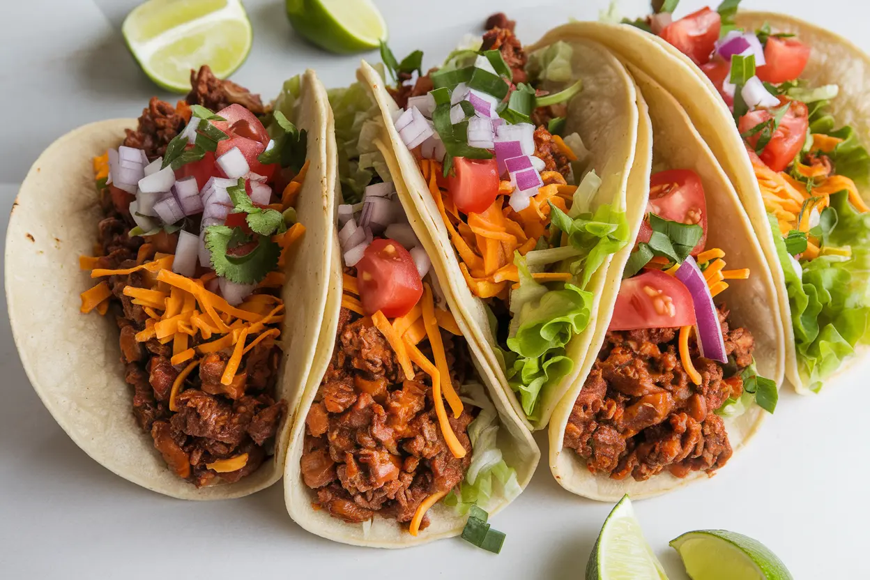 Delicious homemade tacos with fresh toppings on a wooden table.