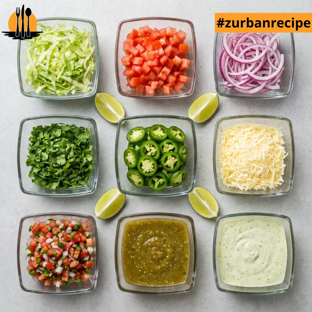 A variety of taco toppings including lettuce, tomatoes, onions, cilantro, jalapeños, cheese, pico de gallo, and sauces arranged for the Taco Recipes guide.