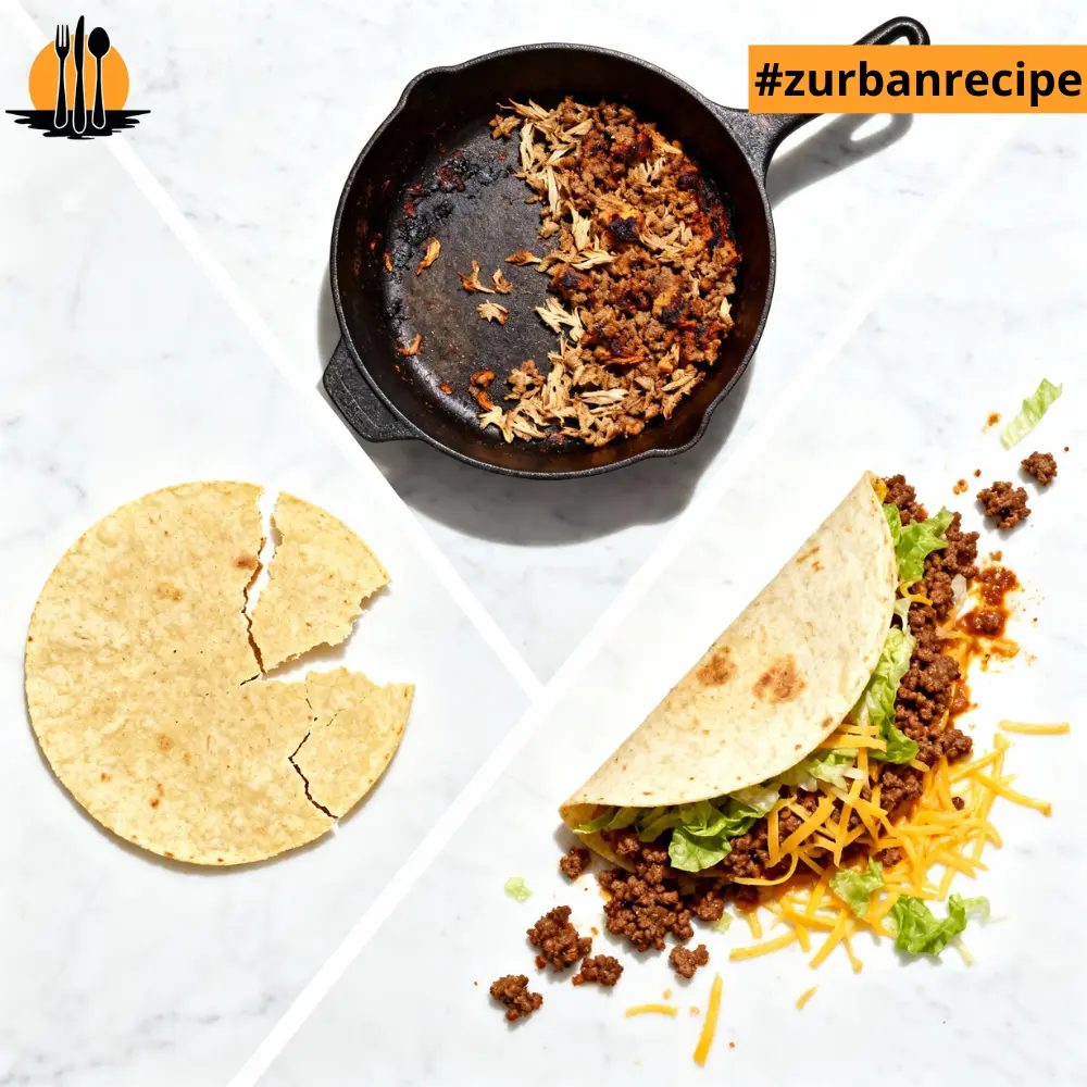 A broken tortilla, messy taco assembly, and a skillet with leftover filling shown as troubleshooting examples for the Taco Recipes guide.