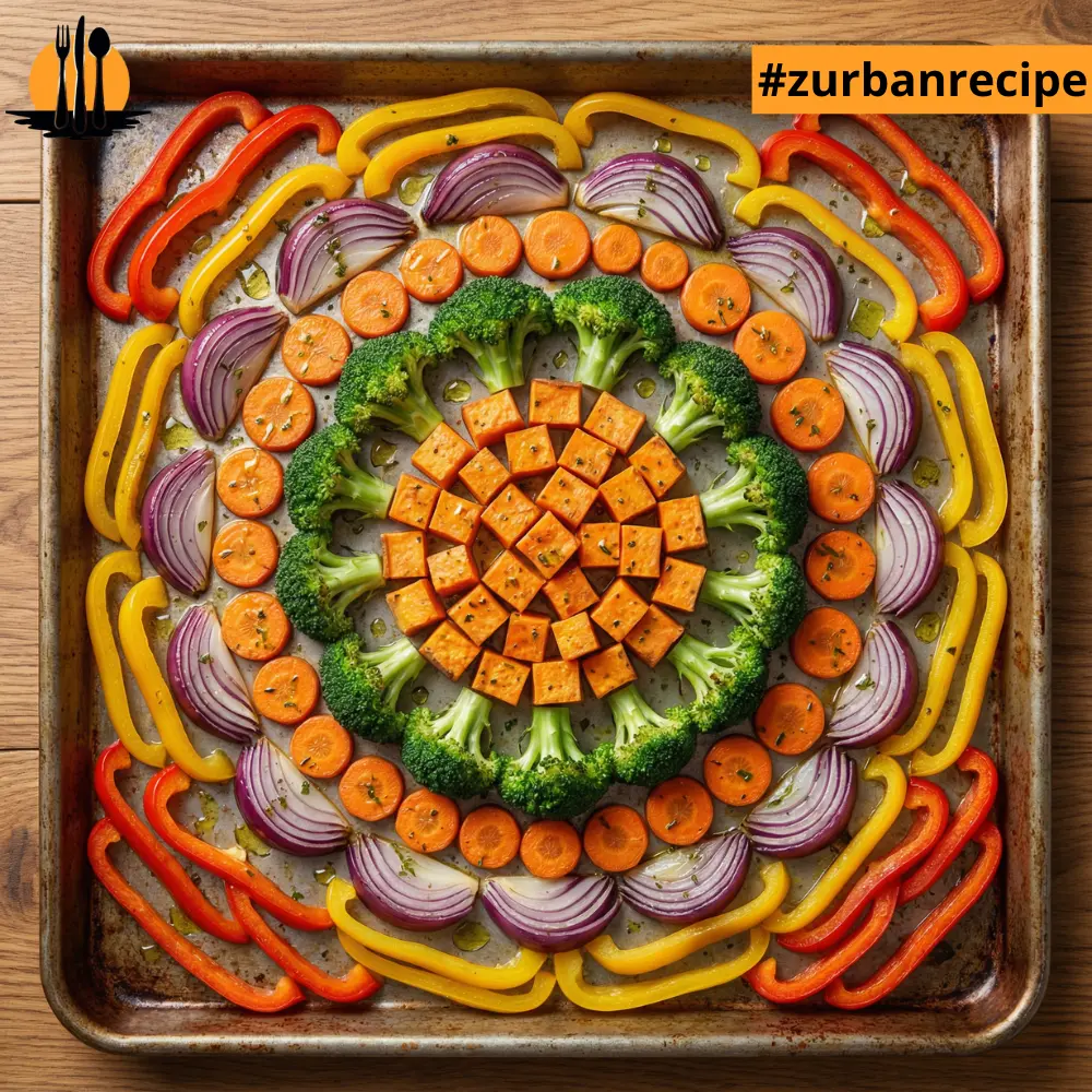 Colorful assortment of vegetables arranged in a circular pattern on a sheet pan, including carrots, broccoli, peppers and onions, showing how well they caramelize in Sheet Pan Dinners.