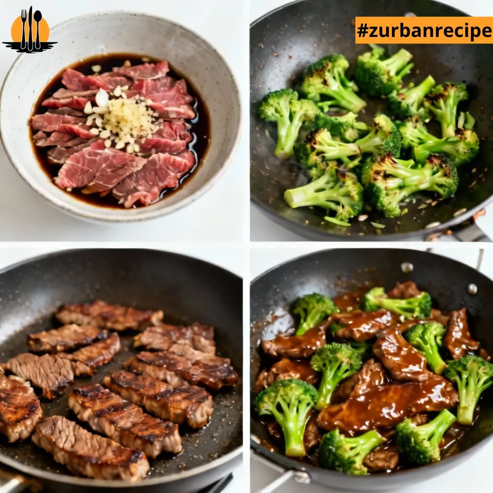 Four-step collage showing the Beef and Broccoli Stir Fry process: marinating sliced beef, stir frying broccoli, searing beef in a hot pan, and combining beef and broccoli with glossy sauce in a wok.