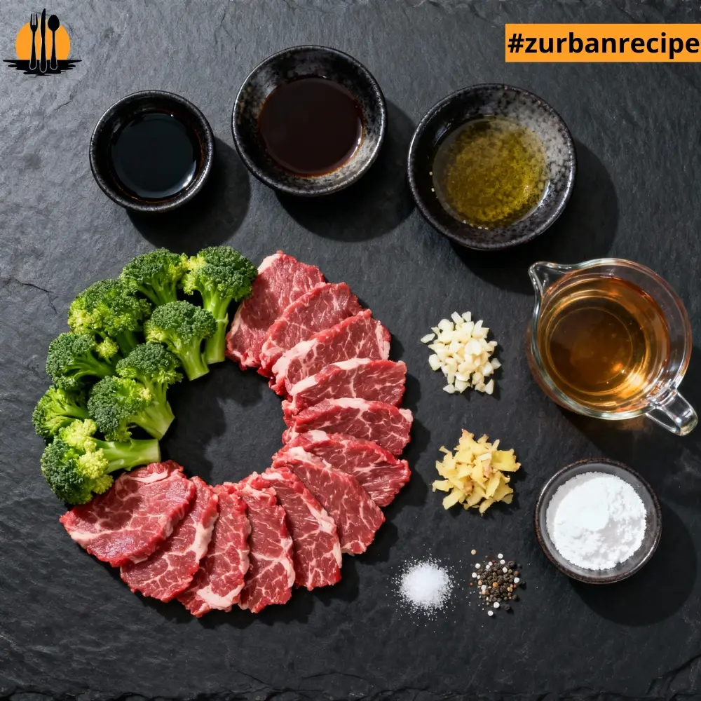 Overhead view of Beef and Broccoli Stir Fry ingredients including sliced beef, fresh broccoli, garlic, ginger, soy sauce, oyster sauce, broth, oil, and seasonings arranged on a dark slate surface.