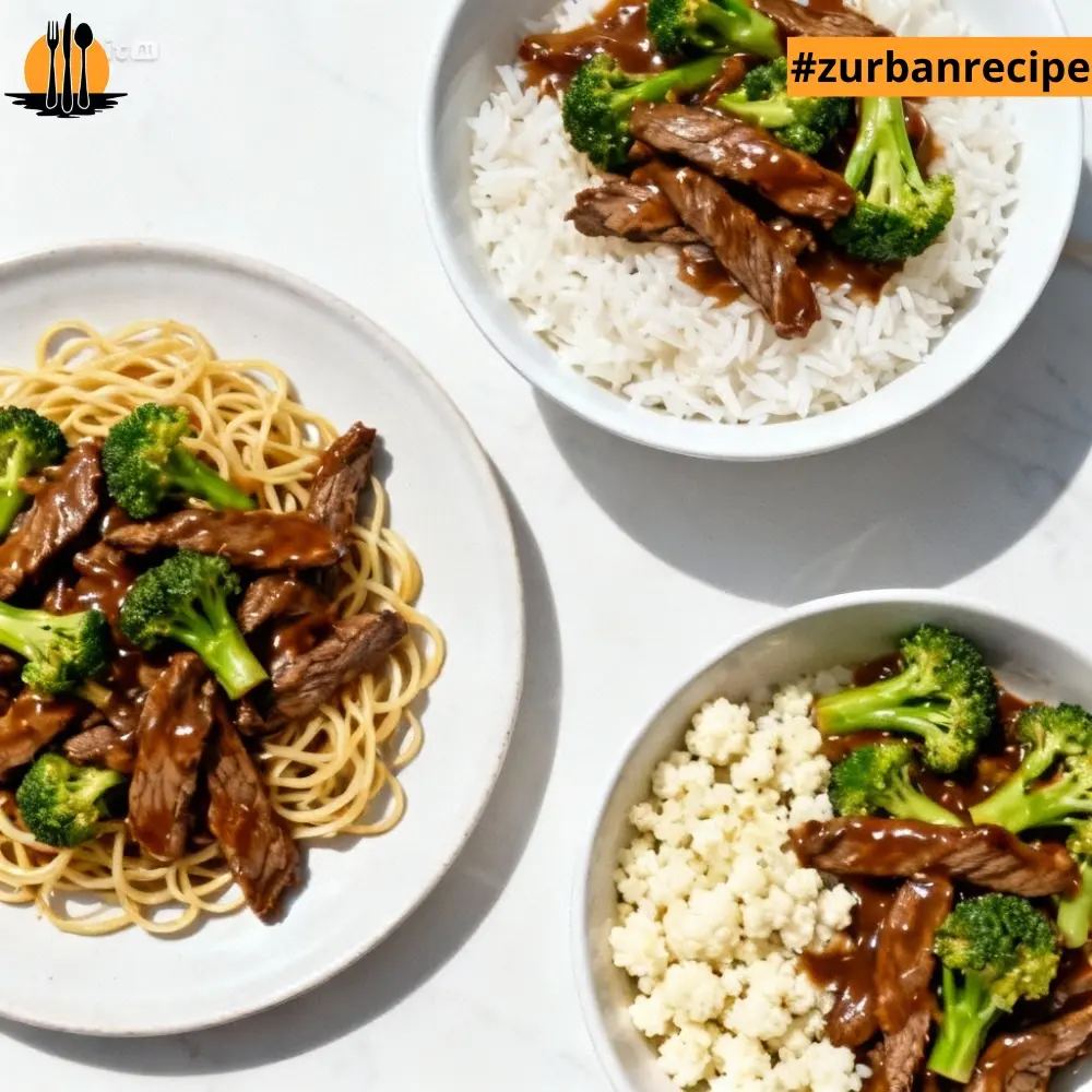 Three serving options for Beef and Broccoli Stir Fry: over white rice, over noodles, and with cauliflower rice, displayed in bright natural light.