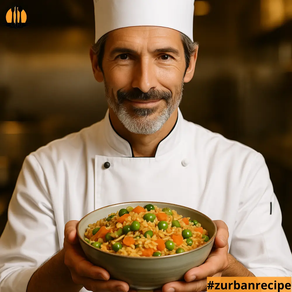 Chef holding a bowl of fried rice with peas and carrots in a warm kitchen setting.