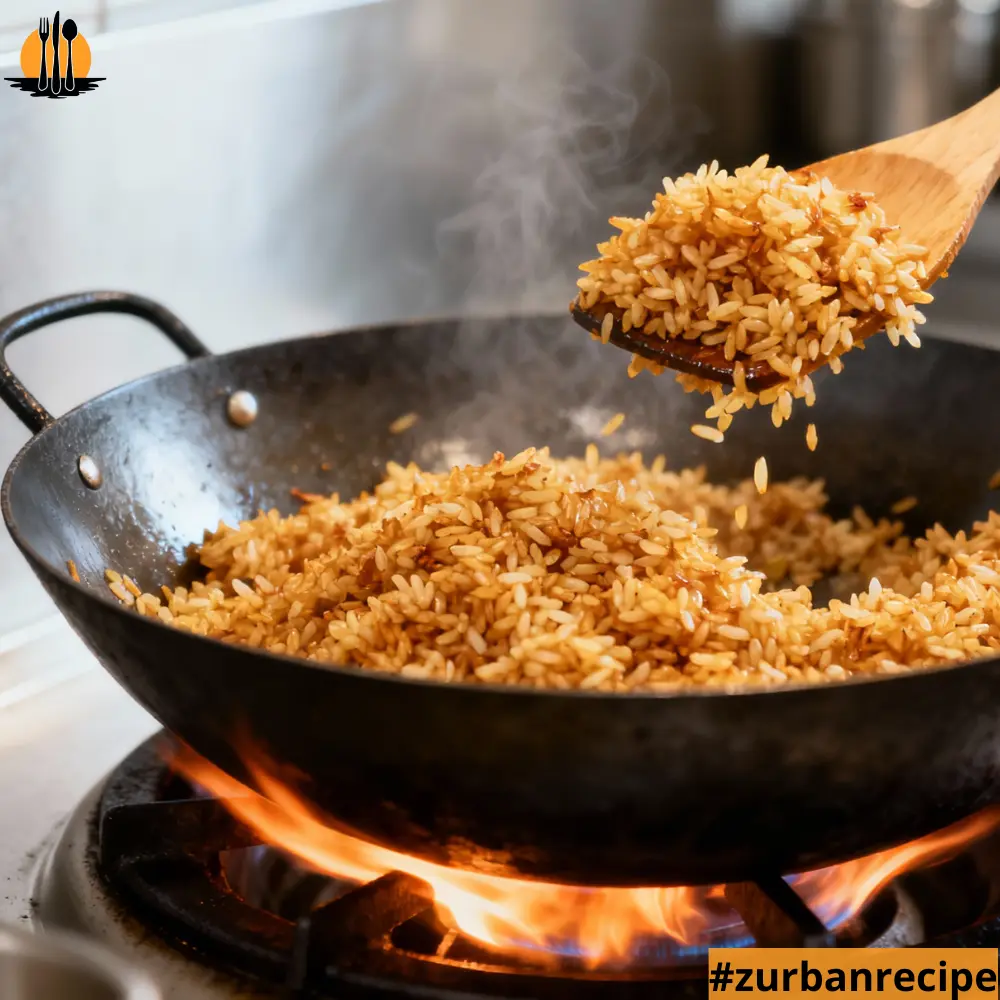 Golden fried rice cooking in a hot wok over high flame, showing the key frying step for Spam Fried Rice Recipe.