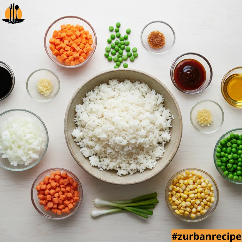 Top-down view of essential ingredients for Spam Fried Rice Recipe, including rice, peas, carrots, onions, garlic, sauces, and seasonings.