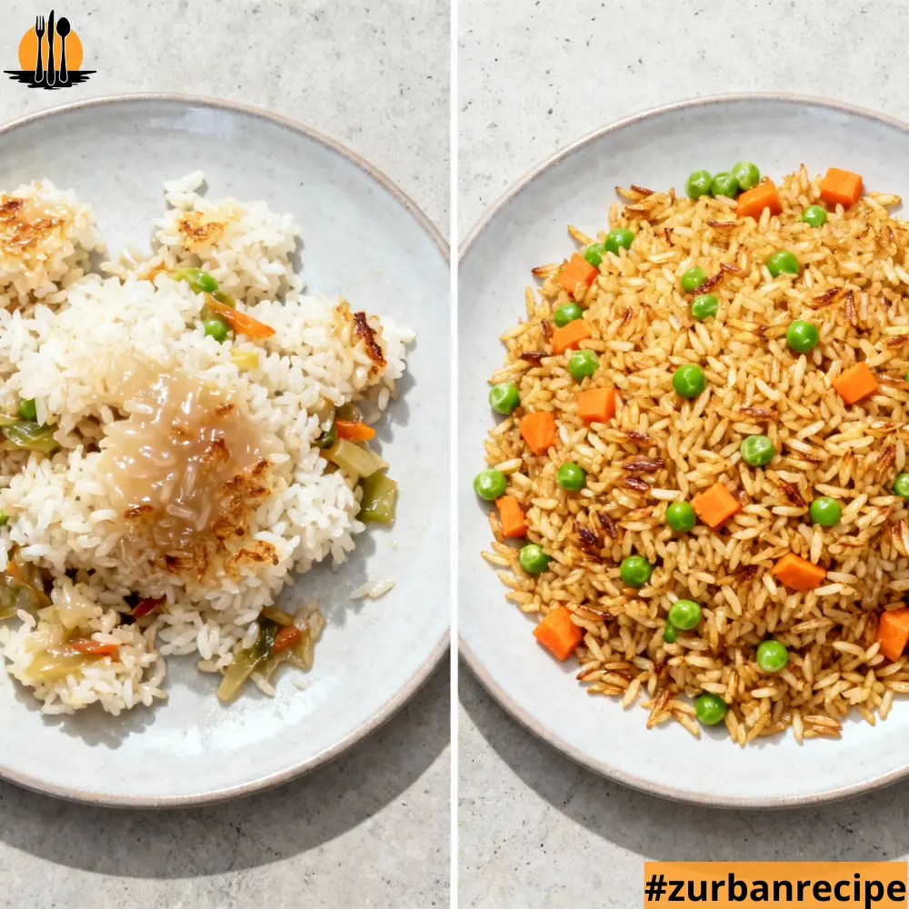 Mushy, wet fried rice on the left plate compared with properly fried rice with separated grains on the right, illustrating the common “Your Fried Rice Turns Mushy” problem in the Spam Fried Rice Recipe.