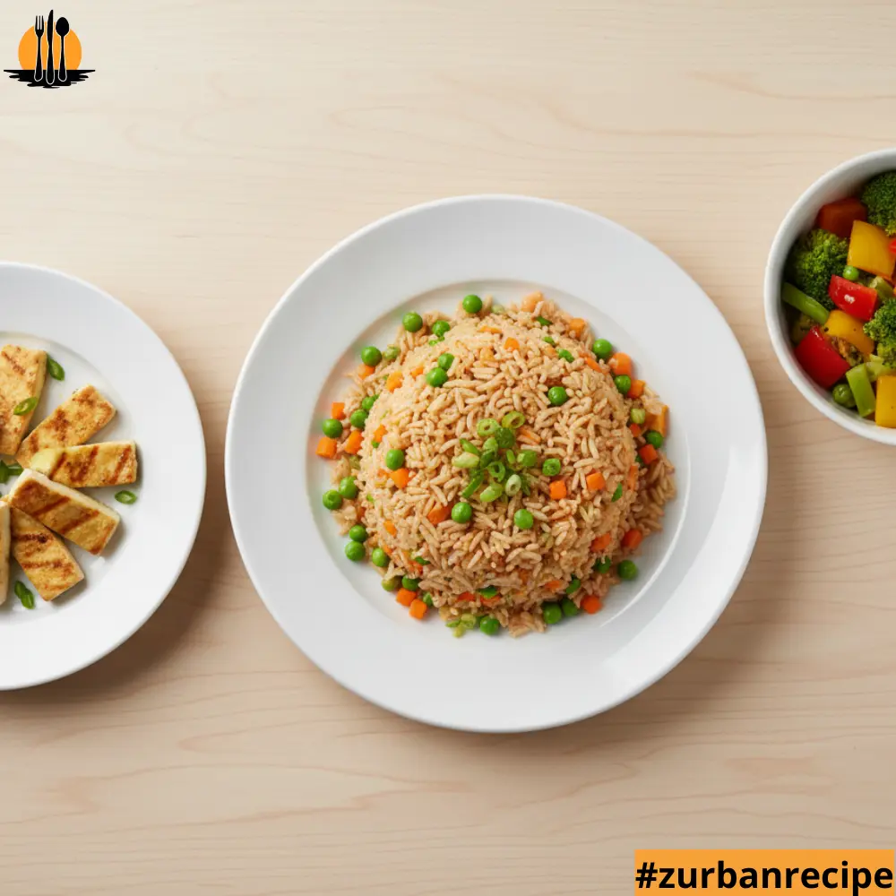 Serving suggestion with a plate of fried rice surrounded by simple vegetable sides, displayed on a clean wooden table.