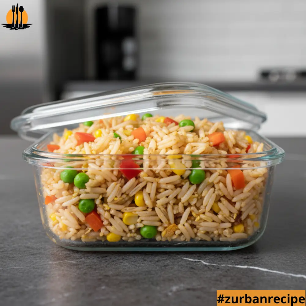 Fried rice stored in a clear airtight glass container with vegetables, illustrating proper storage for the Spam Fried Rice Recipe.