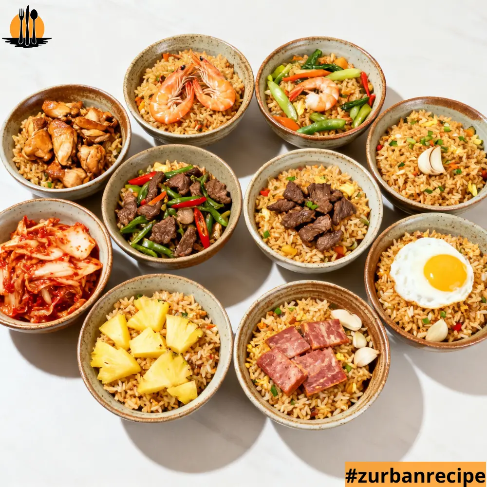 Ten bowls of different fried rice variations, including chicken, beef, shrimp, kimchi, pineapple, egg, and Spam styles, displayed together for the Spam Fried Rice Recipe guide.