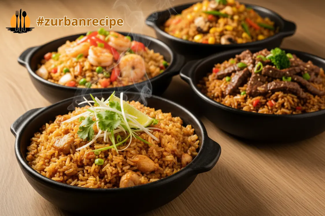 Four fried rice variations in black bowls, showing chicken, beef, shrimp, and vegetable styles for Spam Fried Rice Recipe.