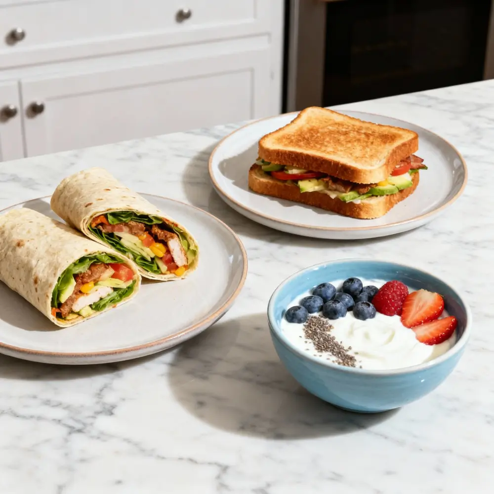 Quick Meals including a wrap, sandwich, and yogurt bowl