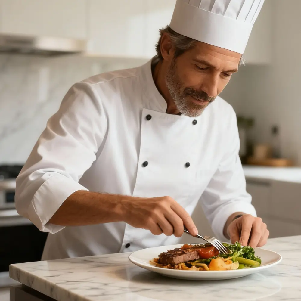 Chef plating a Quick Meal in a modern kitchen