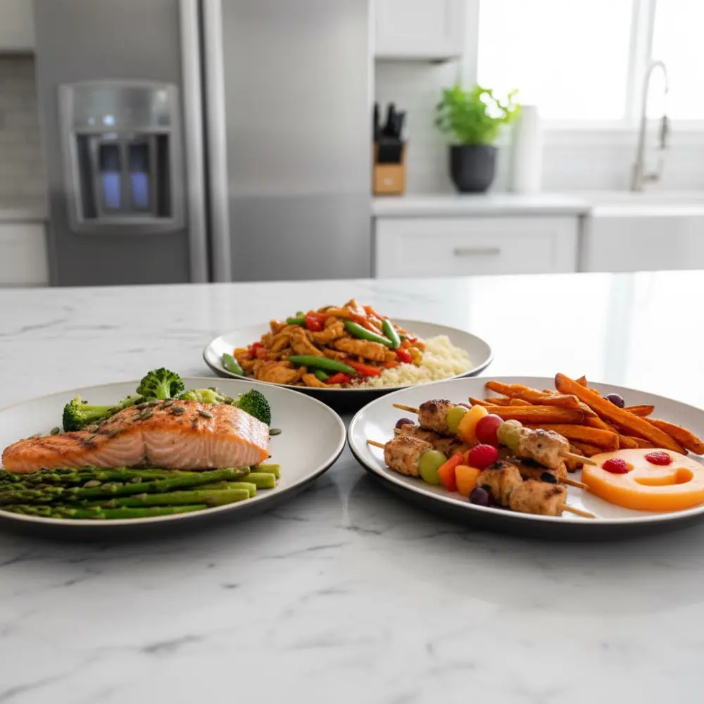Three Quick Meals showing diet variations including salmon, veggie stir fry, and kid-friendly plate