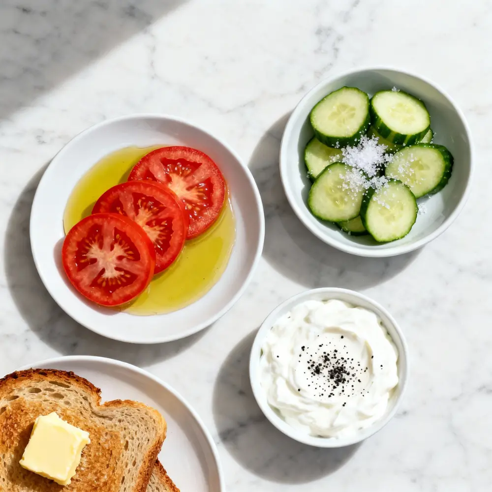 Simple side dishes including tomatoes with olive oil, cucumbers with salt, yogurt, and toast with butter