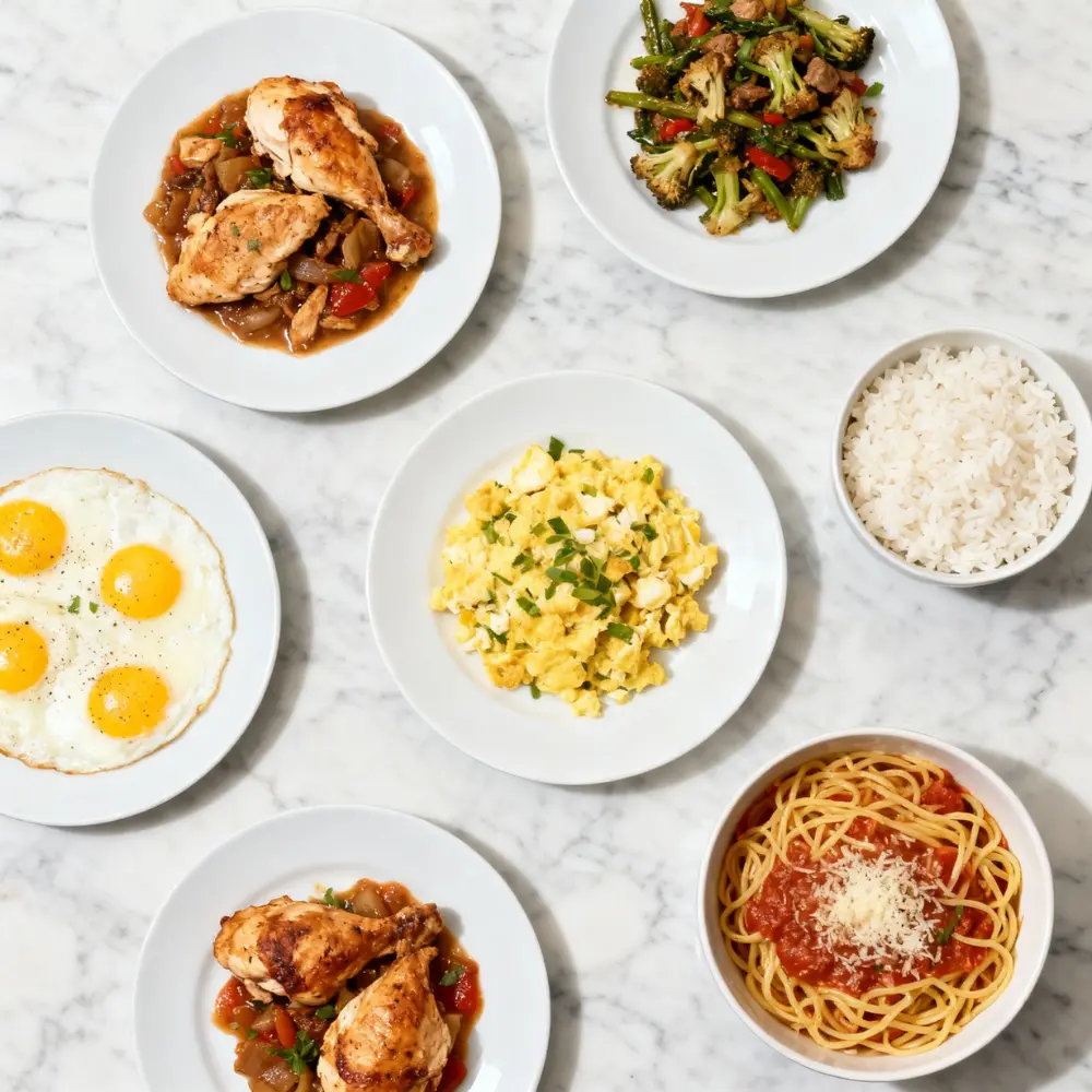 Quick Meals arranged on multiple plates in a top-down layout