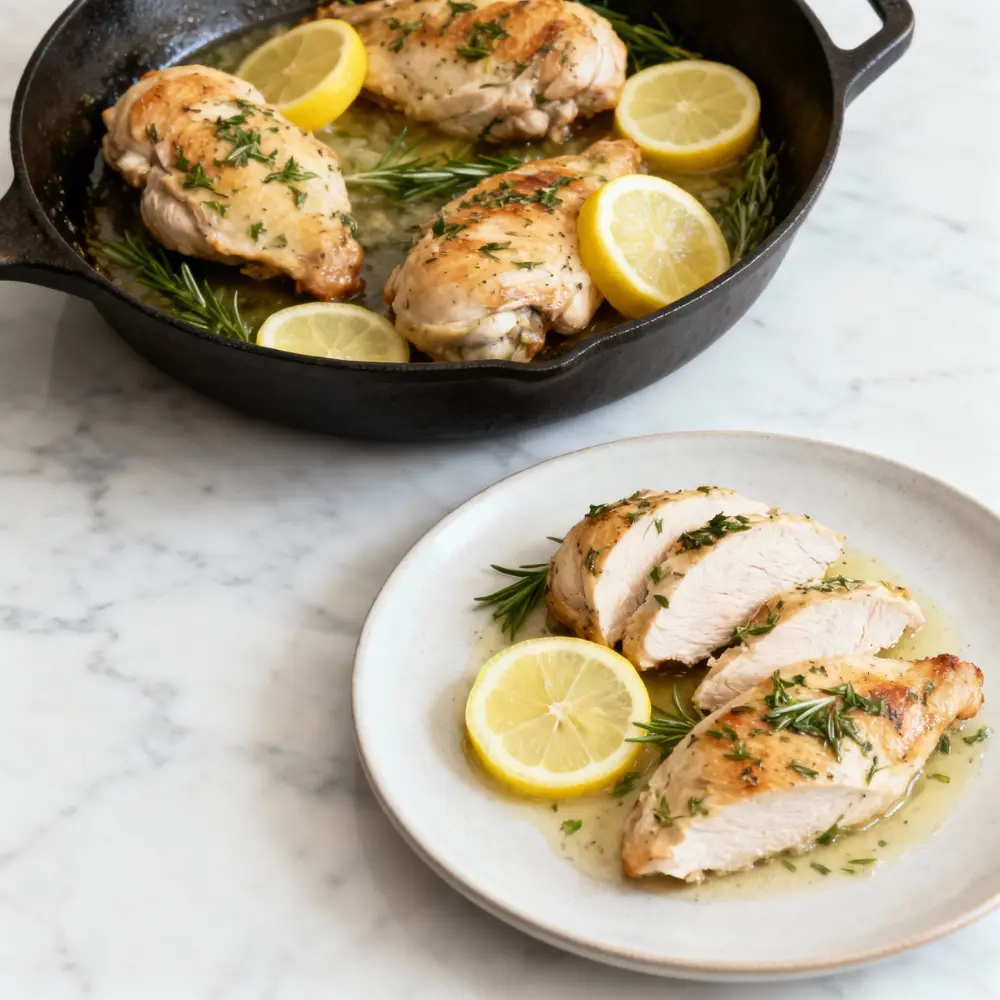 Lemon herb chicken cooked in one pan, sliced and served with sauce