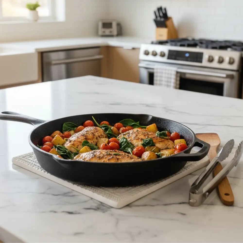 One pan meal with chicken and vegetables cooking in a skillet
