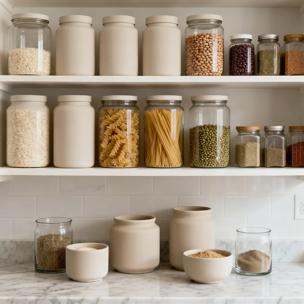 Organized pantry jars containing pasta, rice, beans, and spices
