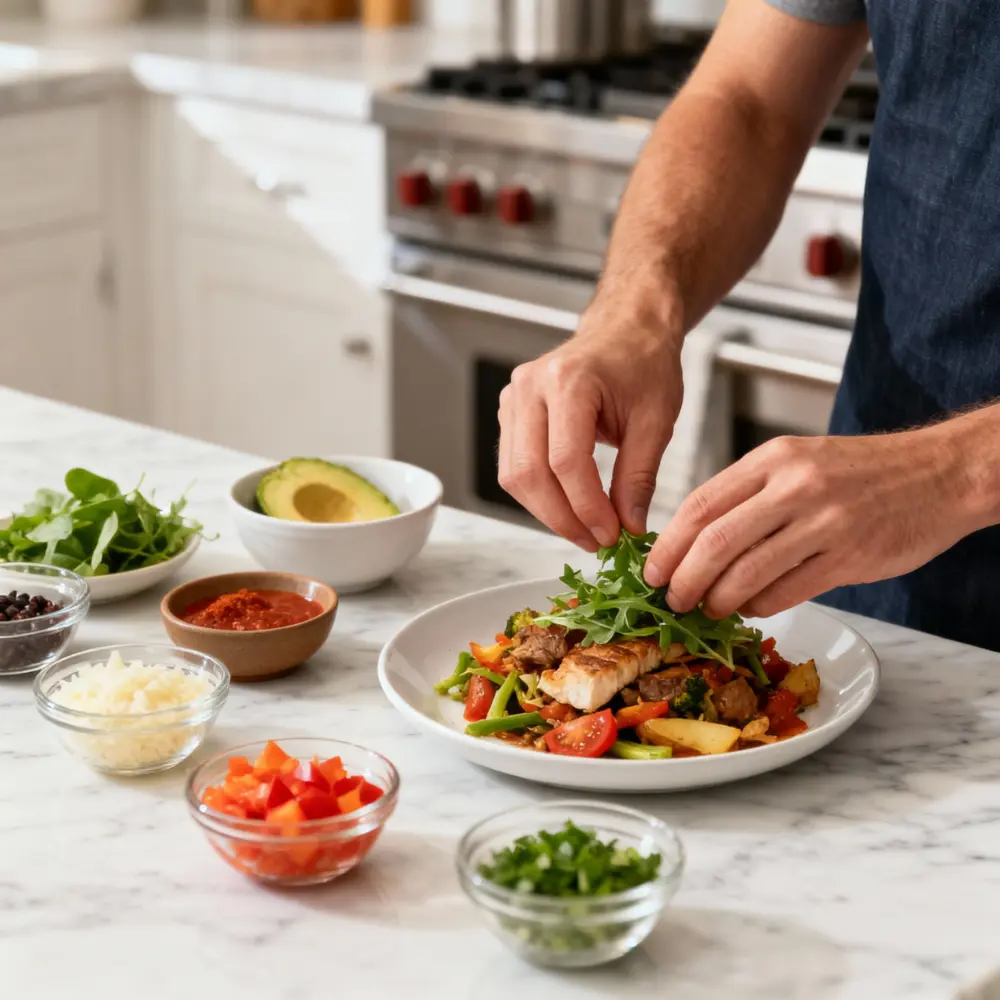Person preparing Quick Meals on a marble counter in a modern American kitchen