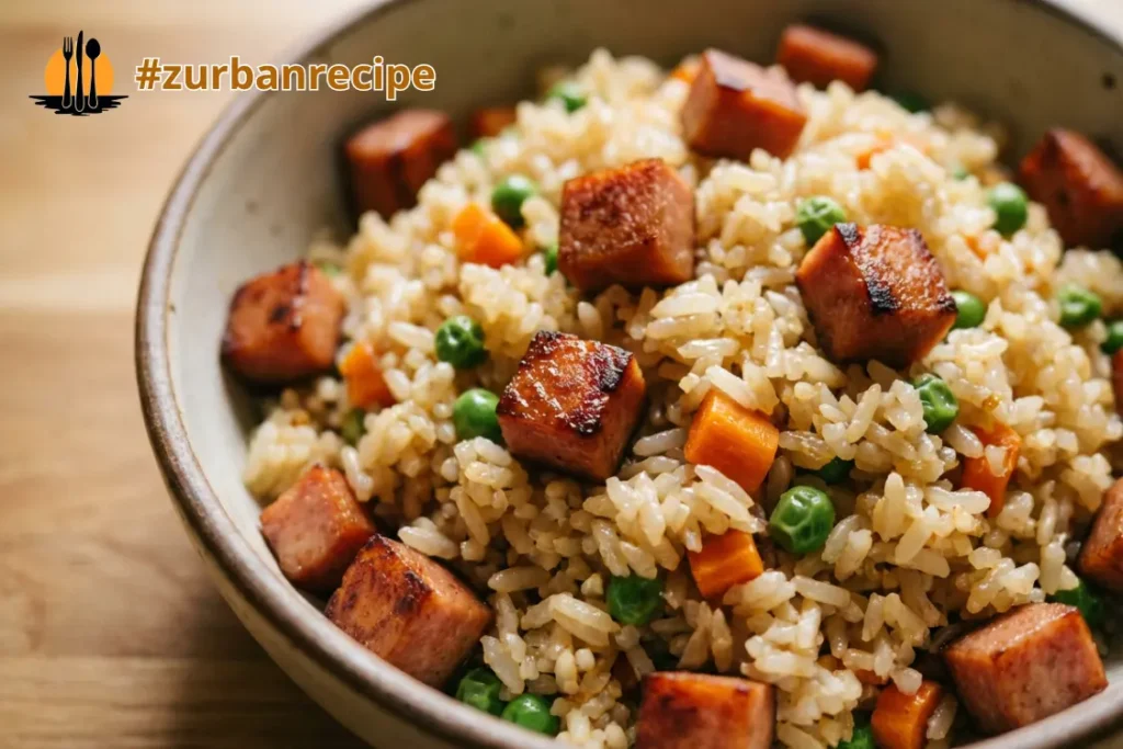 Close up bowl for the Spam Fried Rice Recipe showing browned cubes, peas, and carrots.