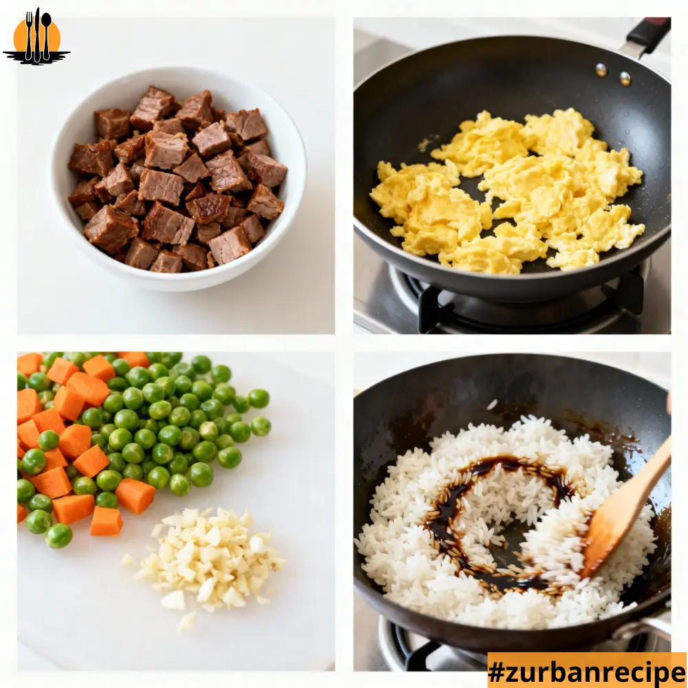 Four-step collage showing key steps of the Spam Fried Rice Recipe, including diced cubes, scrambled eggs, chopped vegetables, and rice with sauce in a pan.
