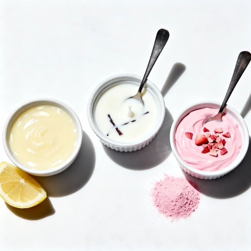 Overhead of three small bowls with lemon glaze, milk and vanilla glaze, and pink strawberry glaze with powder for Strawberry Brownies