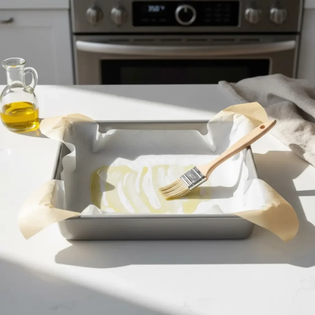 8×8 inch baking pan lined with parchment and brushed with oil before baking Strawberry Brownies