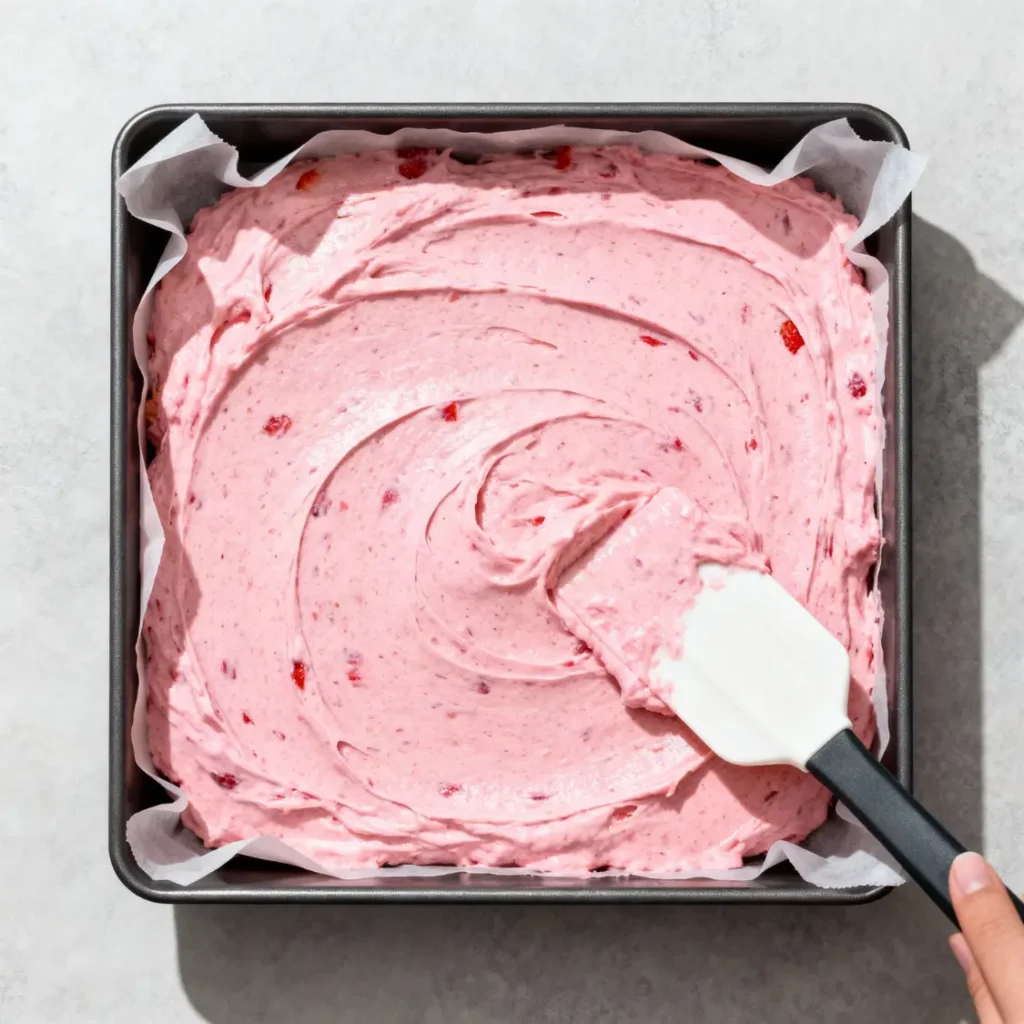 Overhead of thick pink batter with strawberry bits being spread in a parchment lined 8×8 inch pan for Strawberry Brownies