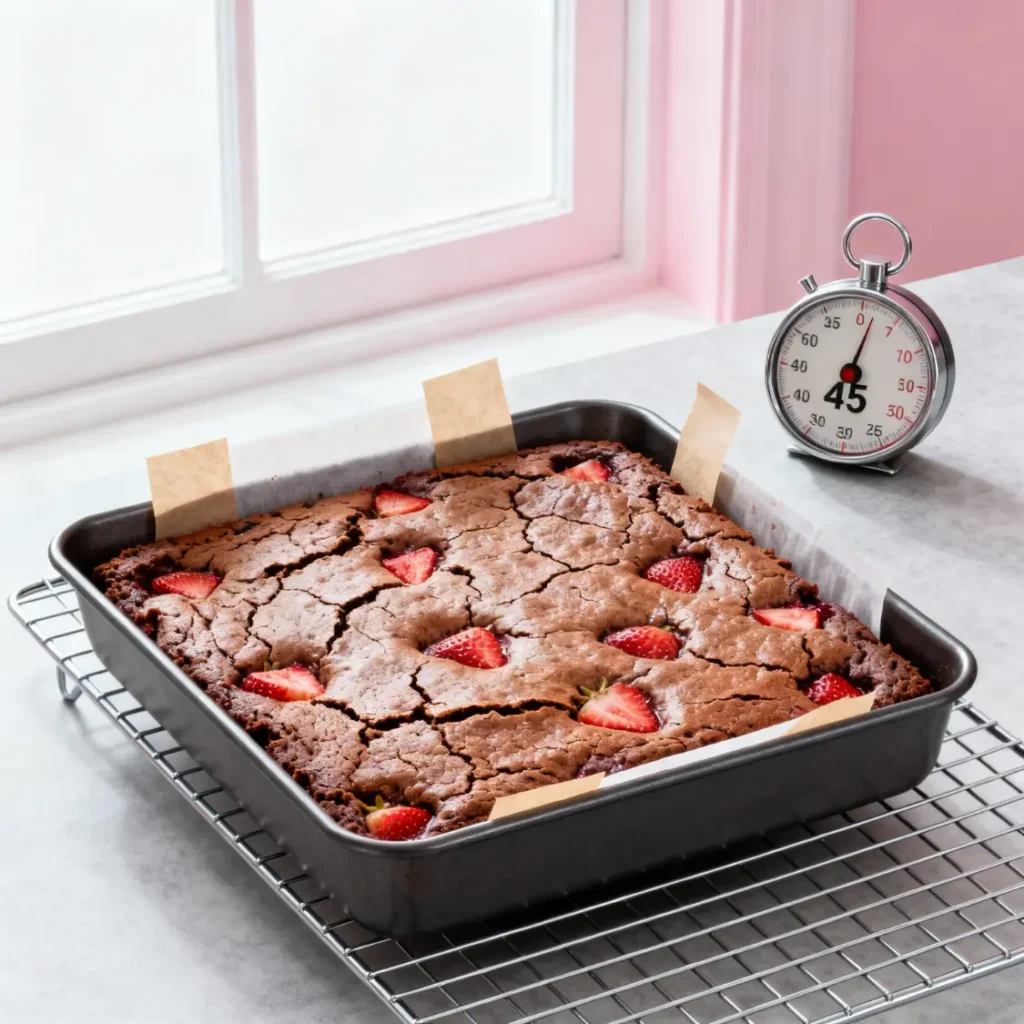 Freshly baked Strawberry Brownies in an 8×8 pan on a cooling rack with a 45 minute timer, crackly top and strawberry pieces