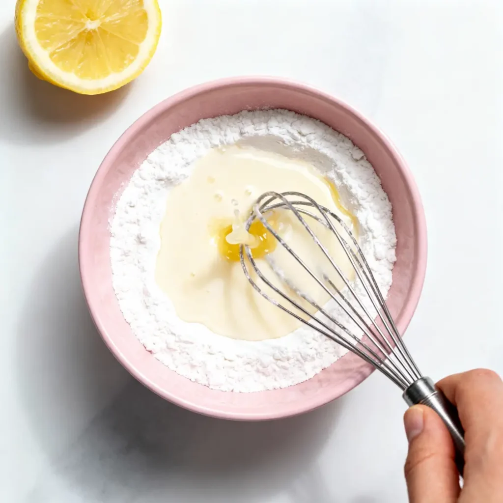 Overhead of powdered sugar with lemon juice in a pink bowl being whisked to make glaze for Strawberry Brownies