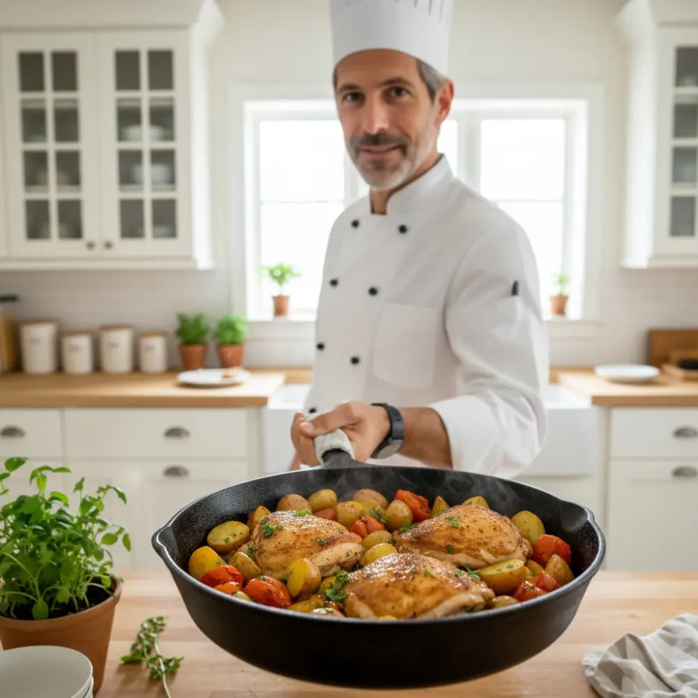 Chef Brooke holding a skillet of one pan chicken with potatoes and vegetables in a bright kitchen.