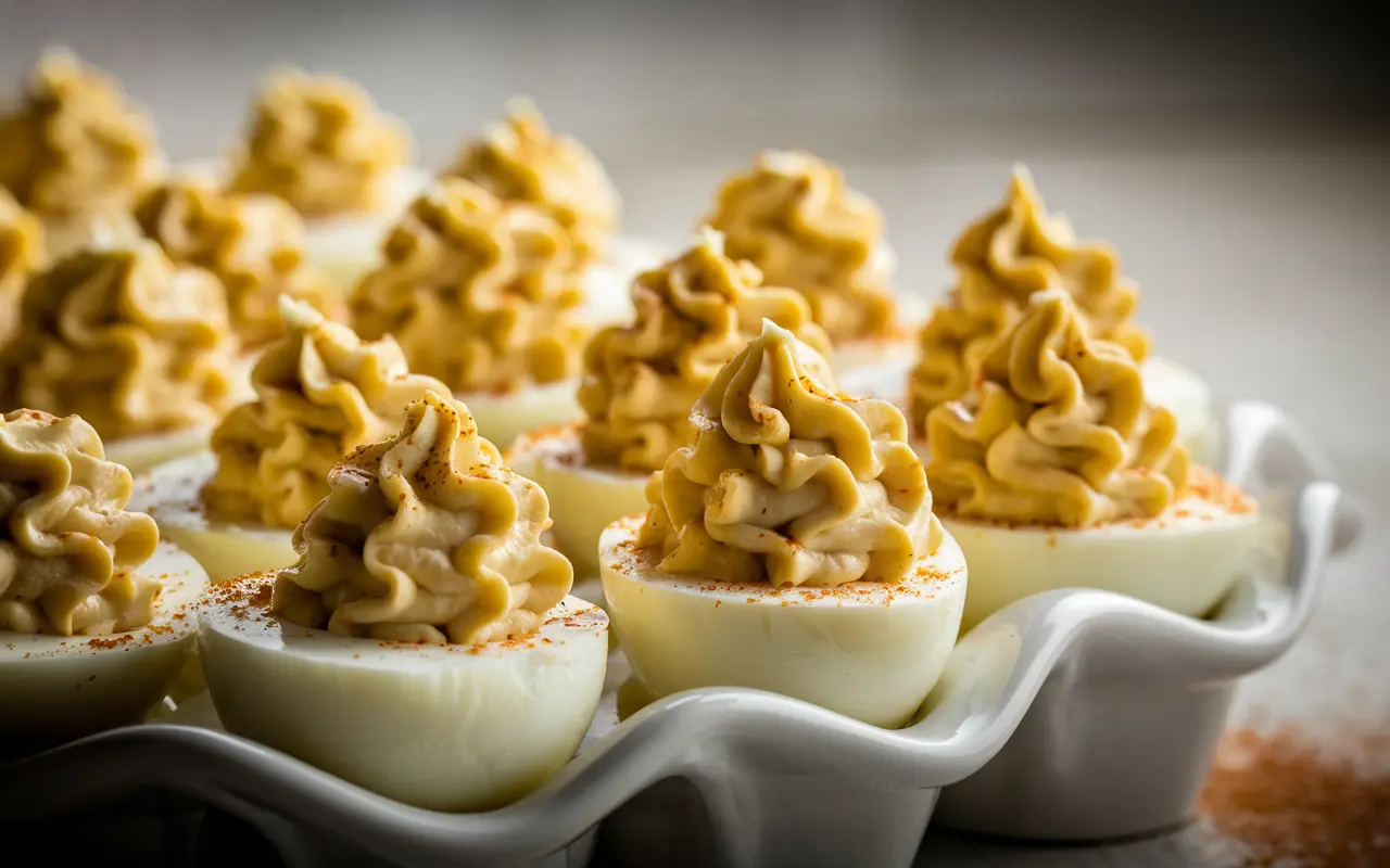 Deviled Eggs arranged in an egg tray with creamy paprika-swirled filling, Classic Deviled Eggs close-up.
