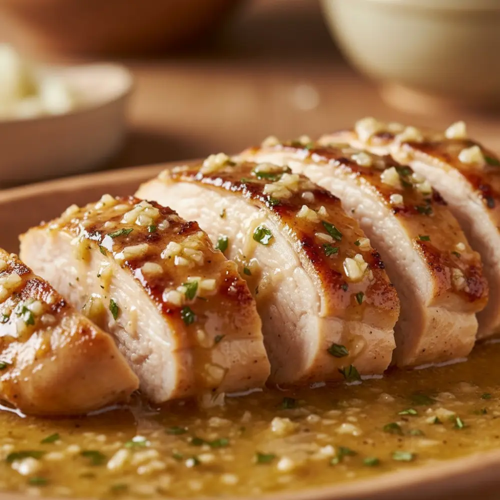 Close-up of golden garlic butter sauce with herbs in a skillet, glossy and warm.