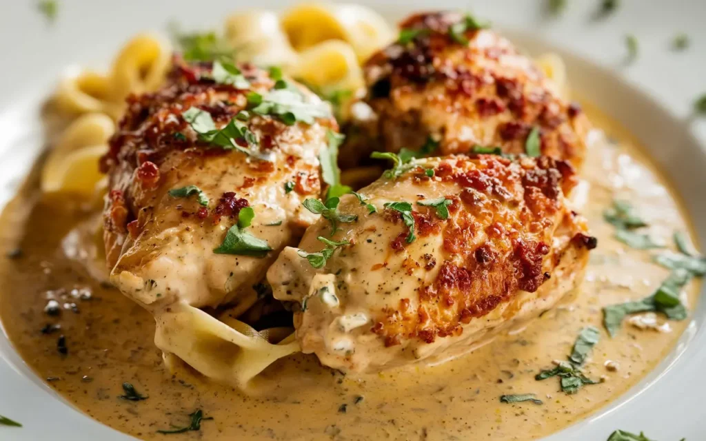 Creamy Garlic Chicken with a rich, golden garlic sauce served with pasta.