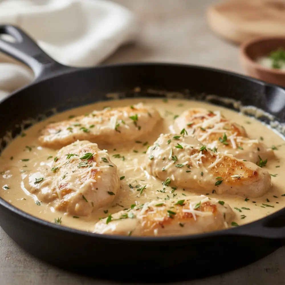 Seared chicken breasts simmering in a creamy parmesan sauce with herbs in a cast iron skillet.