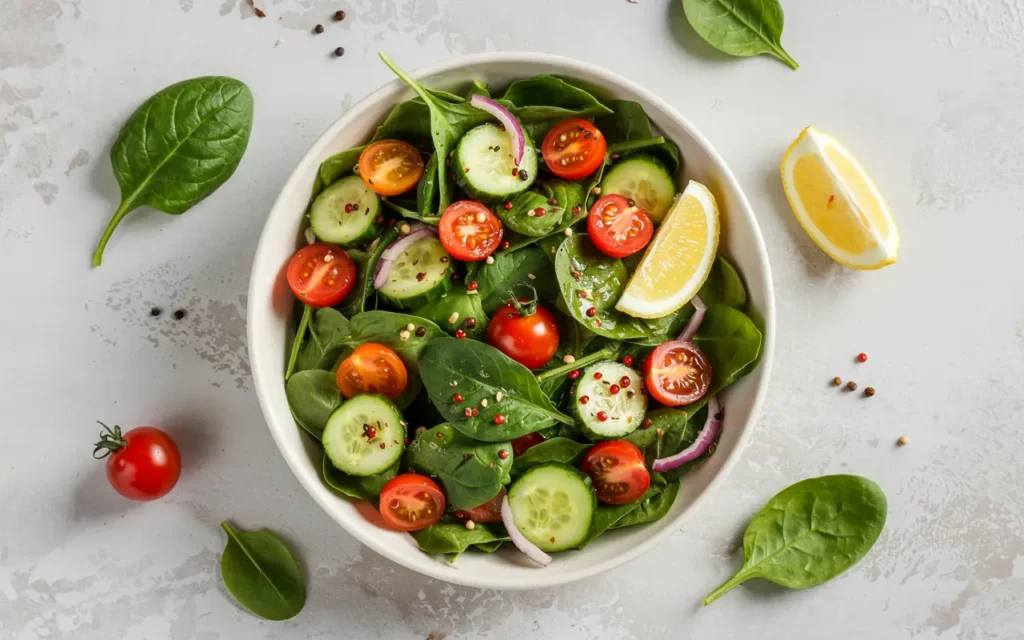 Benefits of Spinach shown with a bowl of fresh spinach salad, cherry tomatoes, cucumber slices, red onion, and lemon wedges