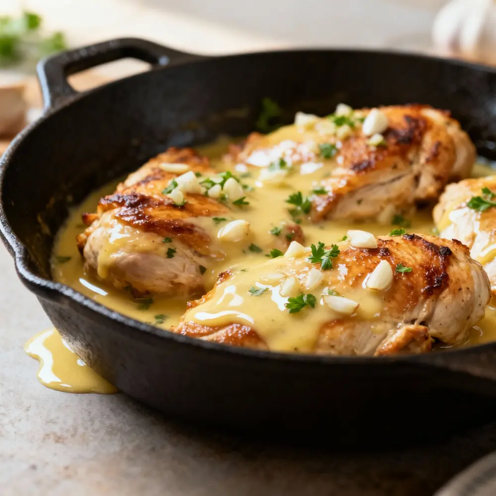 Seared chicken in a cast iron skillet coated with glossy garlic butter sauce and topped with fresh parsley.